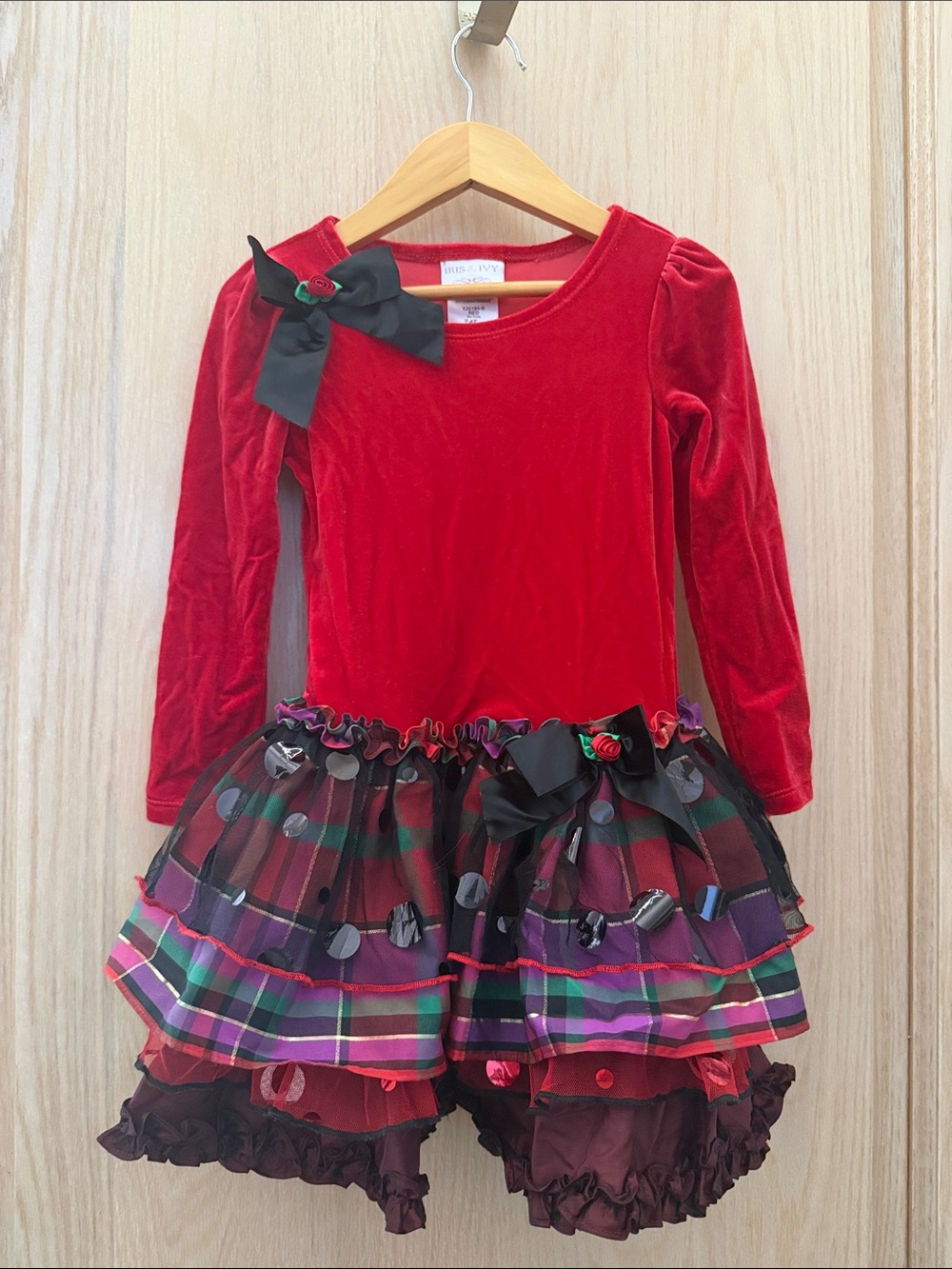 iris & ivy Red Velvet Tutu Dress with Plaid & Black Bow